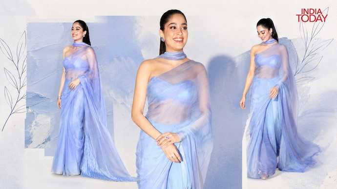 Janhvi Kapoor Dazzles in Powder Blue Saree at Peddi Trailer Launch